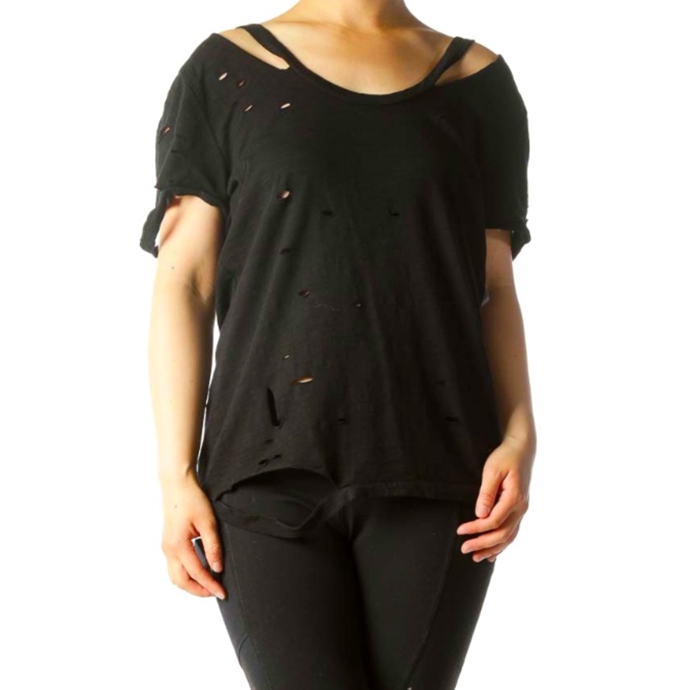 LALA ANTHONY Black Distressed Tee Shirt NWT $69